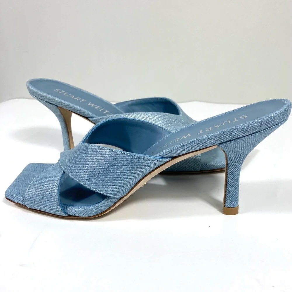 Stuart Weitzman Carmen 75 Heel Slide Sandals Blue Denim 8 NEW - Picture 16 of 17
